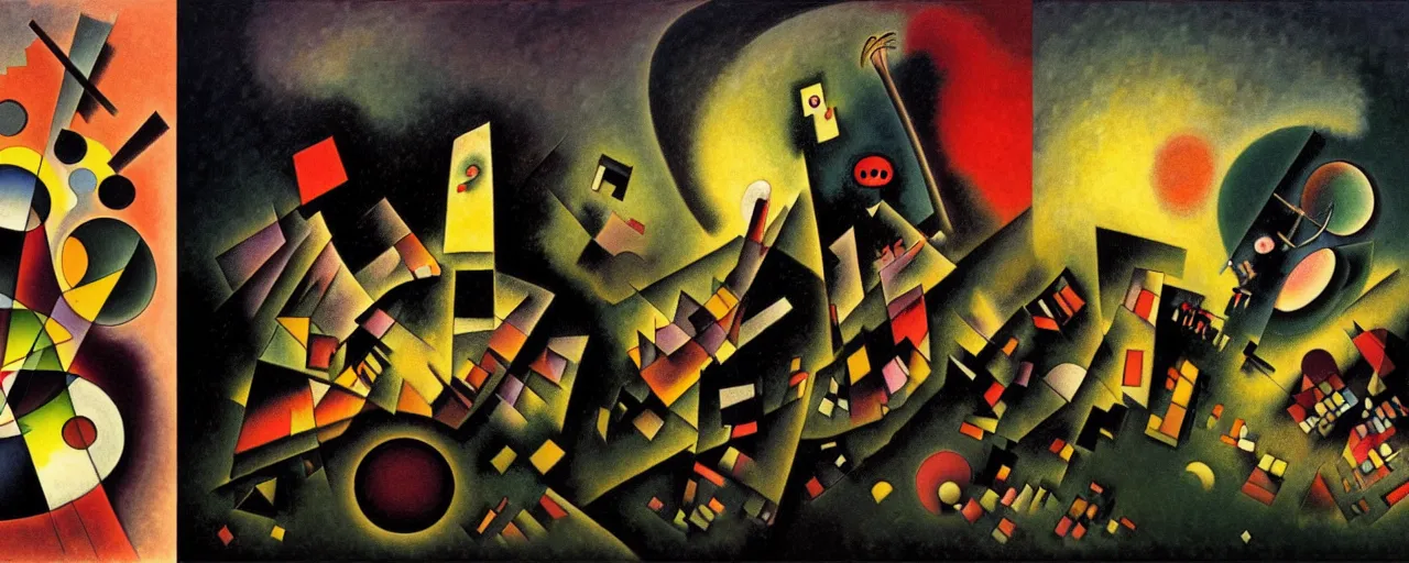 Image similar to trapped on a hedonic treadmill, dark uncanny surreal painting by kandinsky and shaun tan, dramatic lighting from fire, mouth of hell, ixions wheel