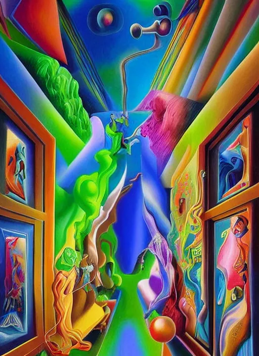 Image similar to an extremely high quality hd surrealism painting of a 3d slow-shutter galactic neon complimentary colored cartoon surrealism melting optical illusion hallway by kandsky and salviadoor dali the seventh, salvador dali's much much much much more talented painter cousin, 4k, ultra realistic, super realistic, surreautistic