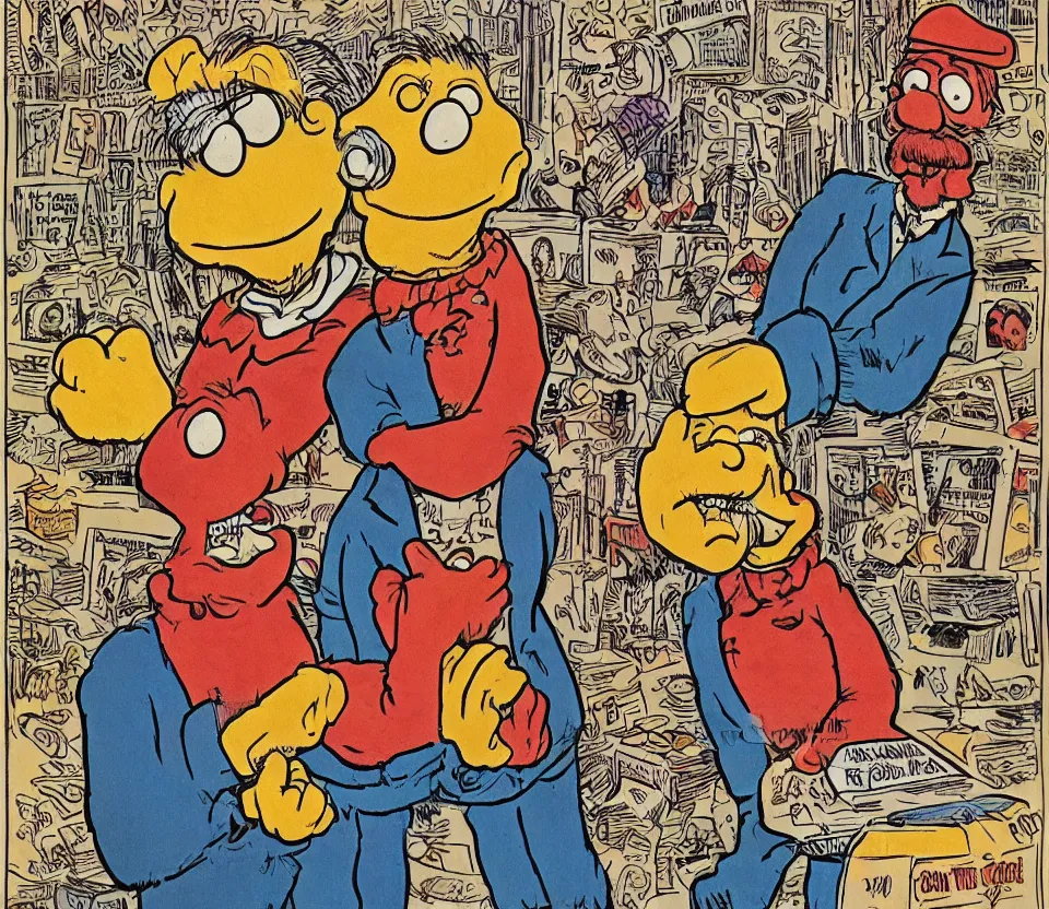 Image similar to r crumb cartoon of bert and ernie as caricaturized humans discovering the truth