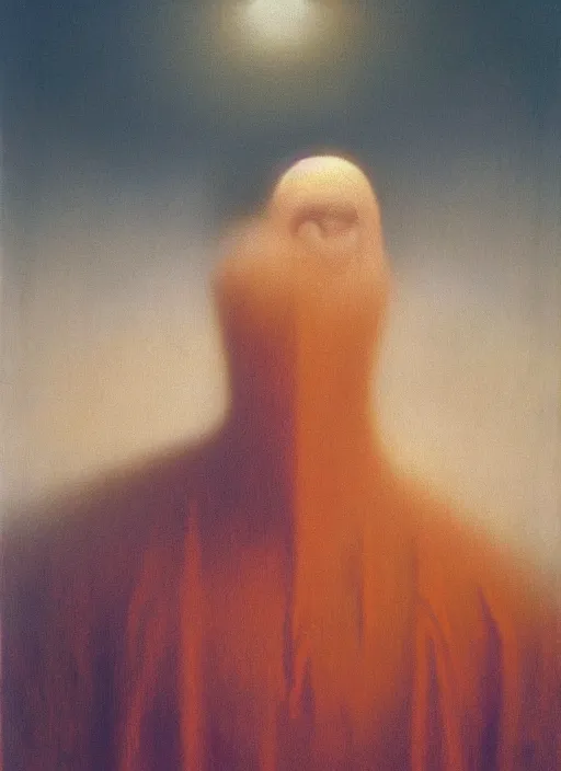 Prompt: lord lossl paints a self portrait, symmetric lights and fog, in the style of zdzislaw beksinski, glowing light and shadow, hyperrealist, 8 k