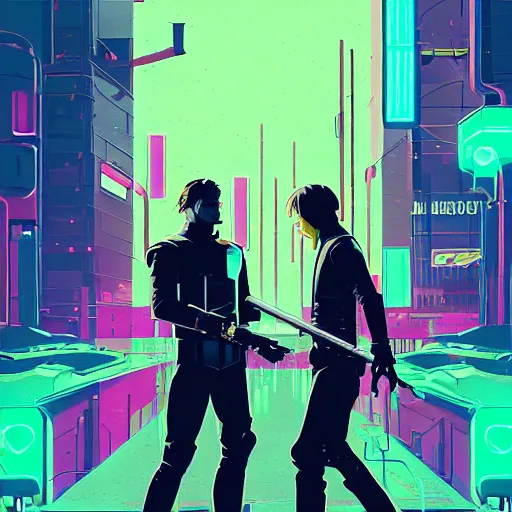 Prompt: jaime lannister and brienne of tarth fighting a thousand neon zombies with lightsabers, cyberpunk art by james gilleard, cgsociety, retrofuturism, synthwave, retrowave, outrun