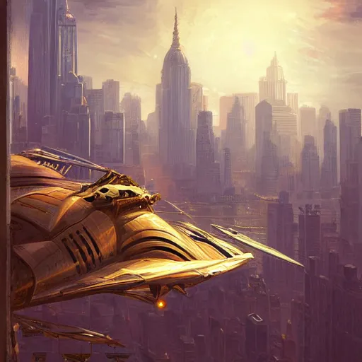Prompt: A rococo spaceship hovering above the New York skyline, by andreas rocha, sci-fi featured on artstation