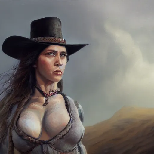 Image similar to a matte painting of the wild west woman, oil painting, pale colors, high detail, 8 k, wide angle, trending on artstation,