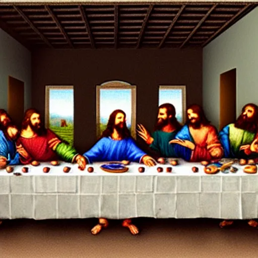 Image similar to the last supper but it is only jesus'clones, realistic, hdr, clear image, hdd, rtx on,