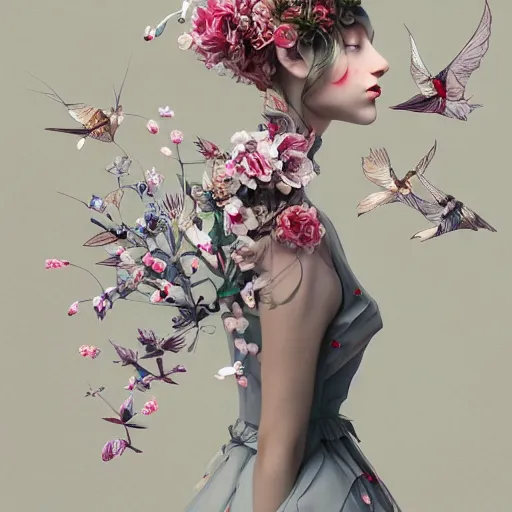 Prompt: long shot of a beautiful girl wearing an origami dress, eye - level medium shot, fine floral ornaments in cloth and hair, hummingbirds, elegant, by eiko ishioka, givenchy, by peter mohrbacher, centered, fresh colors, origami, fashion, detailed illustration, vogue, japanese, reallusion character creator