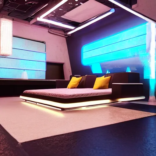 Image similar to futuristic neon lighted furniture, highly detailed, realistic, rendered in octane, unreal engine