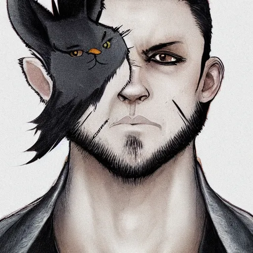 Prompt: Photo of the man with pale ash-colored skin, with yellow cat-eyes with vertical pupils, black thick hair with a touch of gray to the shoulders, with neat stubble, similar to a small beard and with a strong build. He wore a plain old shirt, with a light leather armor, male, elegant, digital fantasy art, hands straight down, insane, under light, Trending on artstation