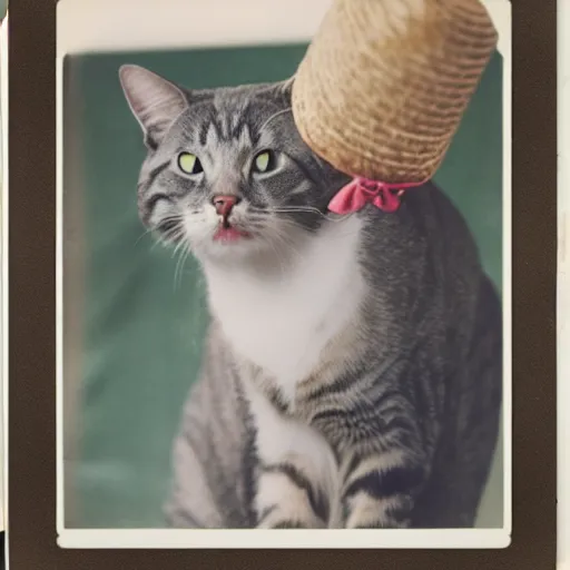 Prompt: A portrait of a cat wearing a well placed vietnamese straw hat, award winning photo, polaroid, color photo