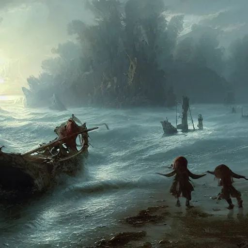 Prompt: giant crabs dragging a young gnome into a moonlit river, matte painting, fantasy art, by greg rutkowski, by andreas achenbach,