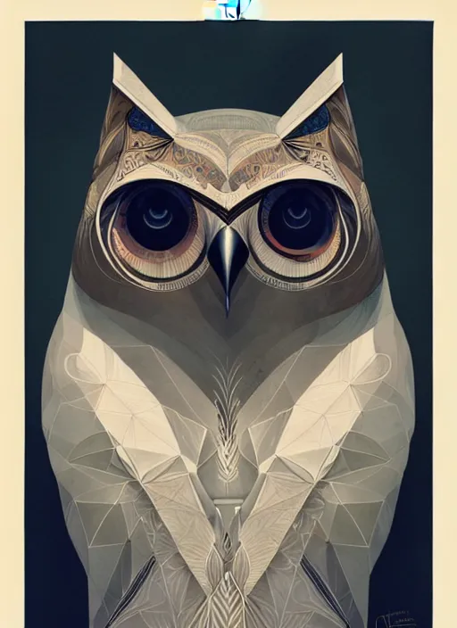 Image similar to portrait of a geometric owl, identical eyes, medium shot, illustration, full body made of white feathers, symmetrical, art stand, super detailed, cinematic lighting, and its detailed and intricate, gorgeous, by peter mohrbacher