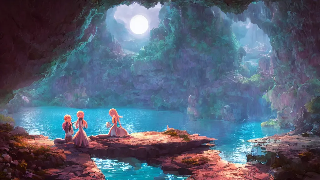 Prompt: inside a magical cave full of intricate dreamy crystal, there was a lake, filled by the light of a beautiful silver moon, dynamic lighting, cinematic lighting, lit by moonlight, by makoto makoto, krenz cushart and ilya kuvshinov and artgerm, unreal engine, featured on artstation, ultrawide angle