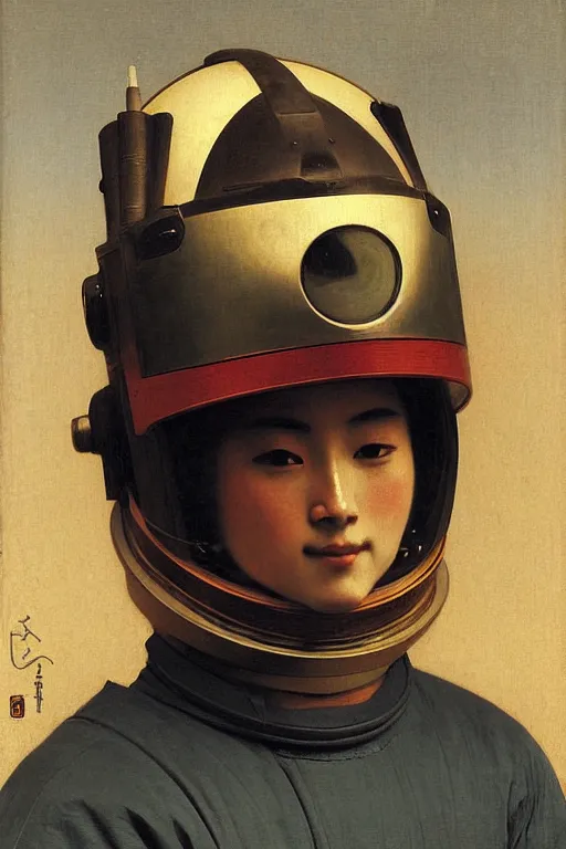 Image similar to portrait of a astronaut in samurai helmets, by bouguereau