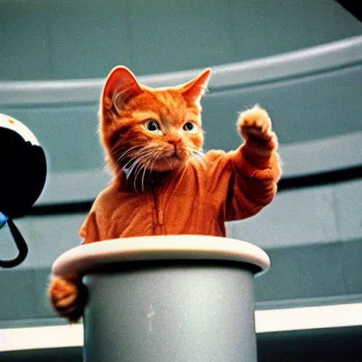 Prompt: 1 9 8 0's color photo of angry ginger cat in spacesuit giving public speeches