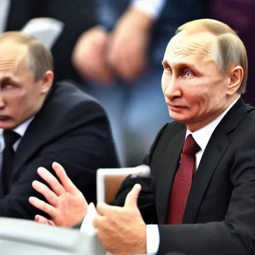 Image similar to angry vladimir zalenskiy sit infront of vladimir putin.