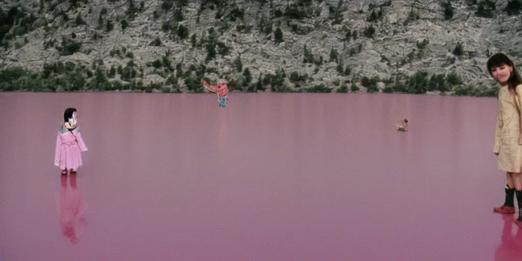 Prompt: 3 5 mm photography of kids wearing a codex seraphinianus costume in a pink lake h 1 2 0 0