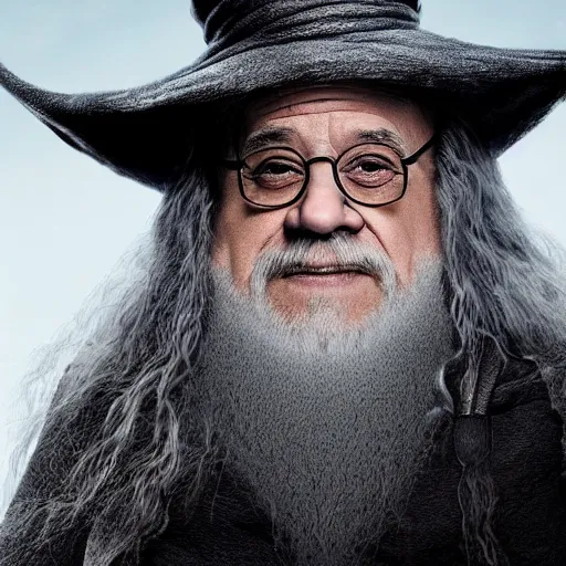 Image similar to danny devito starring as gandalf the white in the 2 0 2 4 lord of the rings movie, full body, hyper realistic, high quality, wide angle