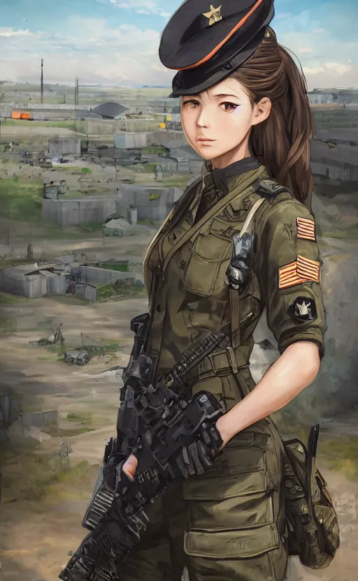 Image similar to portrait of a female soldier, highly detailed, high resolution, military camp in the background, the front of a modern trading card, illustration, character concept art, stunning, girls frontline style, bokeh soft, matte, 100mm, by shibafu, by shizuma yoshinori, studio mappa, realistic human anatomy, realistic military carrier, modern warfare, realistic weapon, digitally draw on wacom tablet, low saturation, small eyes