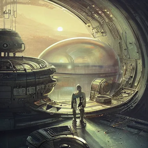 Prompt: in the oxidized futuristic interior of a tin can floating in orbit round the planet looking through the window there is the pale blue dot, the shrinking blue orb. aleksi briclot paul chadeisson marc simonetti pablo carpio raphael lacoste hitchhiker's guide to the galaxy