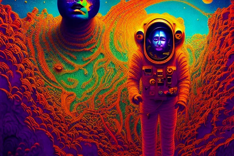 Image similar to An extremely psychedelic experience, colorful, surreal, dramatic lighting, cosmonaut, LSD, face, detailed, intricate, elegant, highly detailed, digital painting, trending on artstation, concept art, smooth, sharp focus, hyper detailed golden ratio illustration, rich deep colors. masterpiece, Beksinski painting, art by Sam Spratt, San Mumford, Artem Demura and Alphonse Mucha