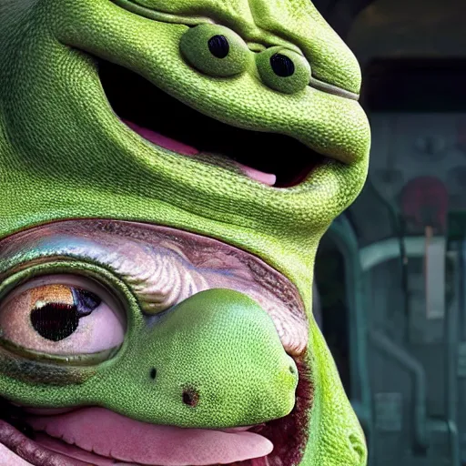 Image similar to mr. bean godzilla super mario pickle rick yoda donkey kong pikachu yeti shrek spongebob homer groot kermit in gears of war, splash art, movie still, detailed face, photorealistic facial features, cinematic lighting, dramatic, octane render, long lens, shallow depth of field, bokeh, anamorphic lens flare, 8 k, hyper detailed, 3 5 mm film grain