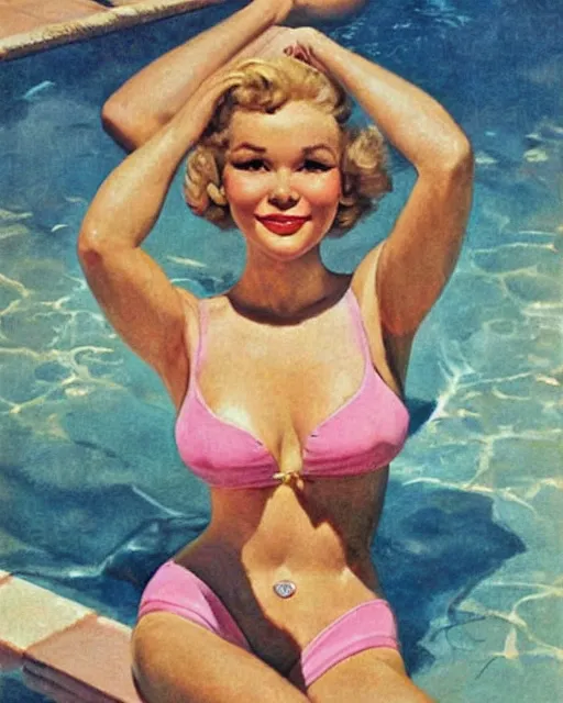 Prompt: tuesday weld in a pink bikini, tuesday weld half immersed in water in a palm springs midcentury swimming pool by gil elvgren, by mort kunstler, by earl norem