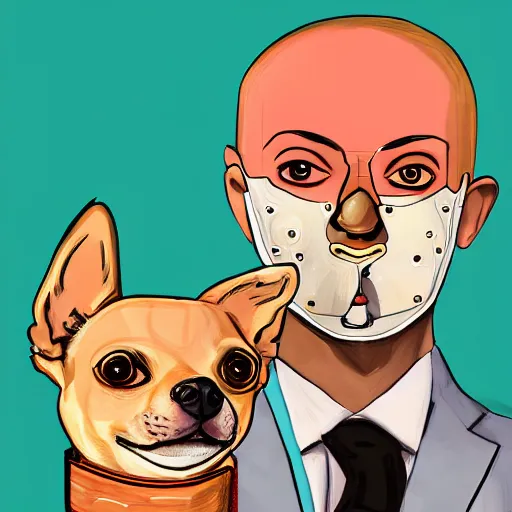 Image similar to professional portrait photo of a humanoid, with robotic parts on his face, honey color chihuahua dog, digital - art woman with a suit super hero, by rebecca sugar, artstation