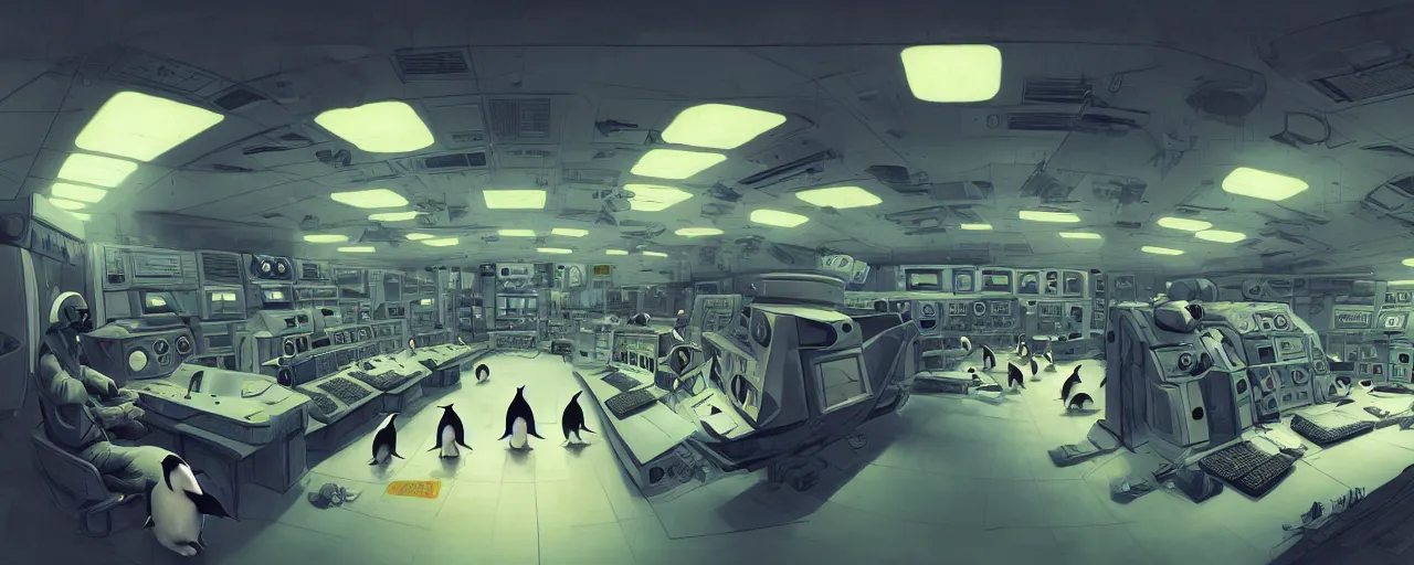 Image similar to duotone concept illustration 3 / 4 portrait of penguins in the supercomputer control room. cinematic scene. vlumetric lighting. golden rario accidental renaissance. portrait lens by sachin teng and sergey kolesov and ruan jia and heng z. graffiti art, scifi, fantasy, hyper detailed. octane render. concept art. trending on artstation