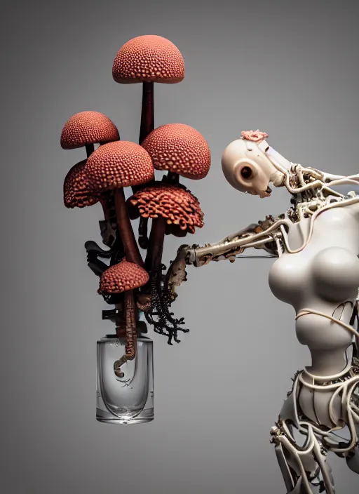 Image similar to biomechanical mannequin carrying perfume bottle, black corals table made of corals, mushrooms, puffballs, rhizomorphs in an ivory room well contoured smooth fair walls, up close shot, sharp focus, global illumination, radiant light, alexandre ferra white mecha, irakli nadar, octane highly render, 4 k, ultra hd,