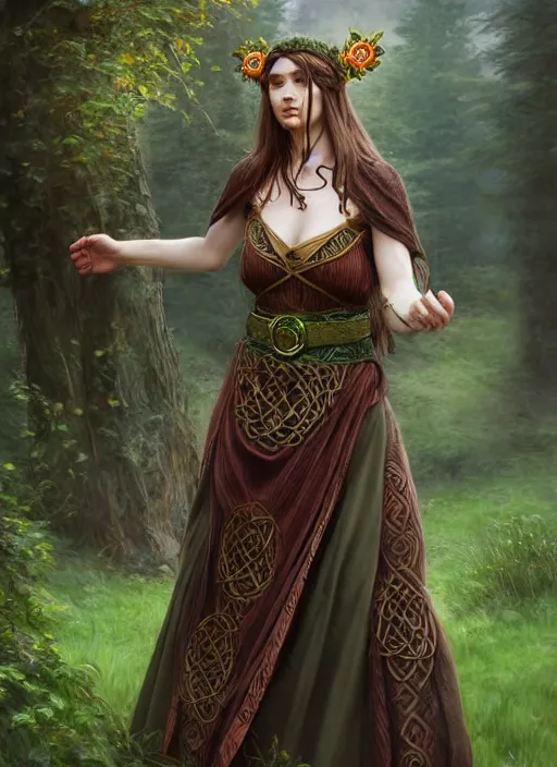 Image similar to photo of a gorgeous druid woman wearing a traditional celtic dress in the style of stefan kostic, realistic, sharp focus, 8 k high definition, insanely detailed, intricate, elegant, art by stanley lau and artgerm