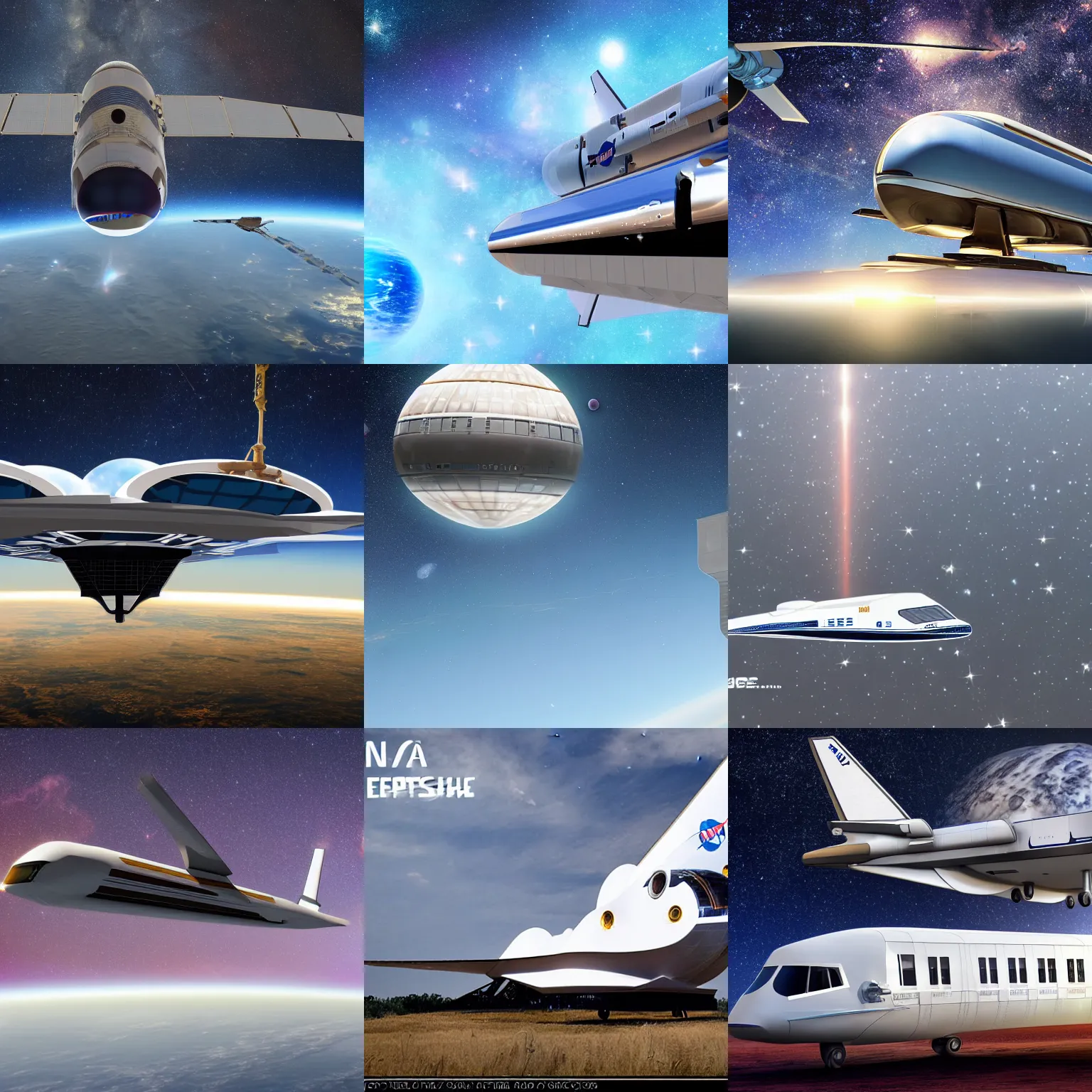 Prompt: nasa's new spaceship made from a flying bus, wide photograph, background is space, stars, galaxies