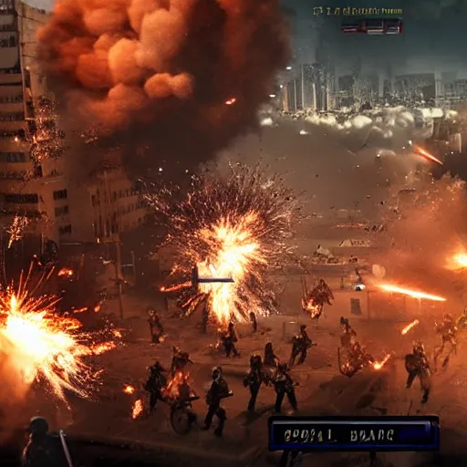 Prompt: world war 2 combat scene in city with explosions