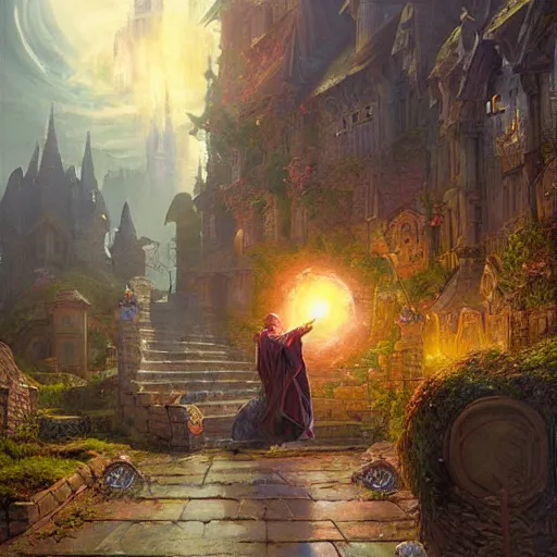 Image similar to wizard casting a powerful spell on a village, beautiful composition, wide angle, colorful, cinematic, volumetric lighting, intricate details painting, by art germ, by greg rutkowski