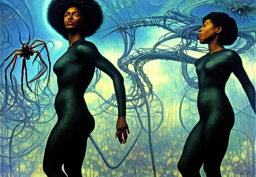 Image similar to realistic detailed portrait movie shot of a beautiful black woman in a transparent sheer suit raincoat dancing with a giant spider, futuristic sci fi landscape background by denis villeneuve, jean delville, monia merlo, ernst haeckel, alphonse mucha, max ernst, caravaggio, roger dean, sci fi necklace, masterpiece, dreamy, rich moody colours