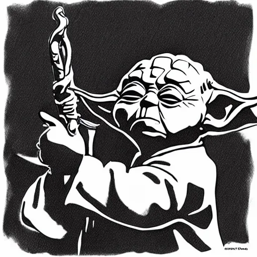 Image similar to Ink illustration Yoda playing the shofar, high contrast, trending on artstation