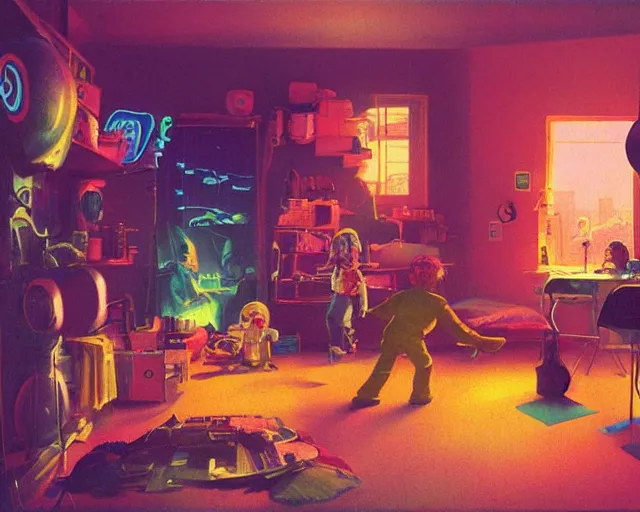 Image similar to IKEA catalogue photo of a cyberpunk children’s bedroom, by Paul Lehr