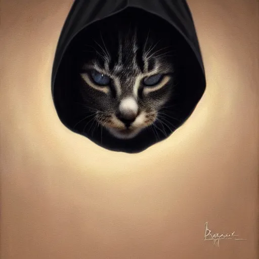 Image similar to a portrait of a kitten wearing a black hood, cloak covering face, anatomically correct, beautiful perfect face, enigmatic, oil painting, matte, black background, Volumetric dynamic lighting, Highly Detailed, Cinematic Lighting, Unreal Engine, 8k, HD, by Beksinski