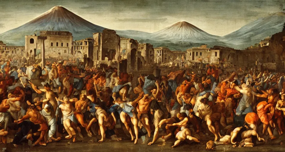 Image similar to mosh pit at music festival in pompeii while mount vesuvius is erupting, fresco, michaelangelo