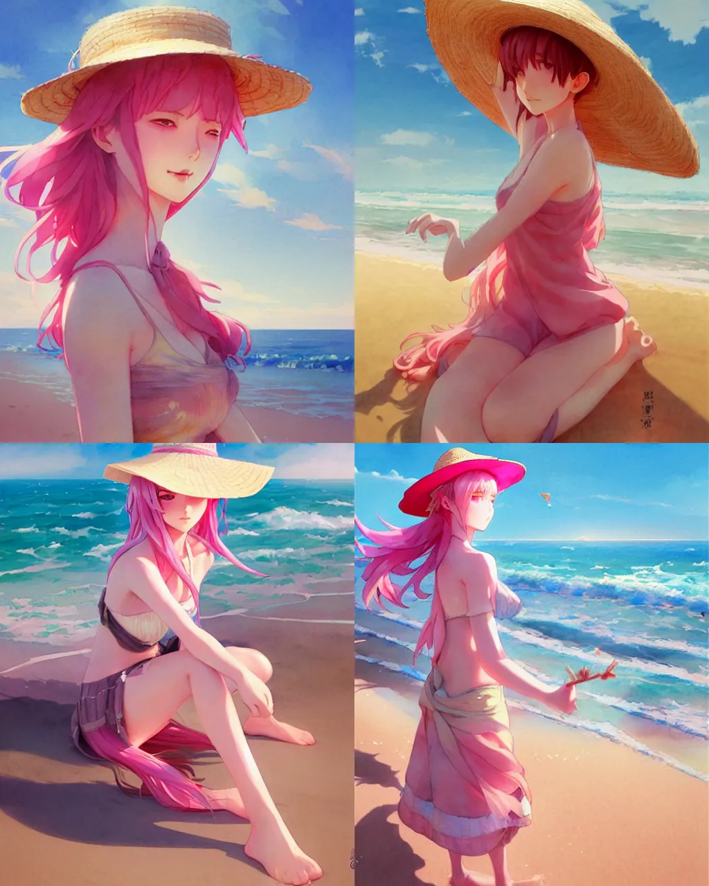 Prompt: a girl with pink hair wearing straw hat playing on the beach, a beautiful half body illustration, top lighting, perfect shadow, leaning towards watercolor, art by hidari and krenz cushart and wenjun lin