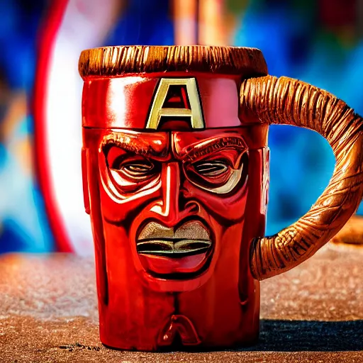 Image similar to a closeup photorealistic photograph of a glossy captain america style tiki mug sitting at an outdoor trader vic's bar featuring captain america's face. tiki theme. bright scene. fine detail. this 4 k hd image is trending on artstation, featured on behance, well - rendered, extra crisp, features intricate detail, epic composition and the style of unreal engine.