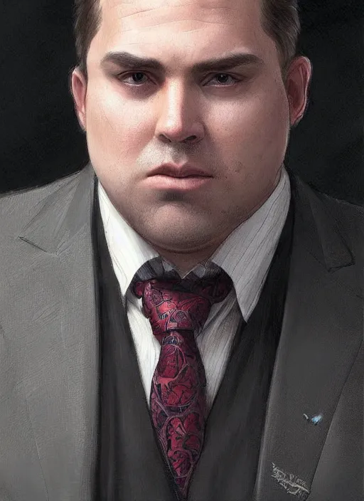 Prompt: wow! fantasy portrait of a clean - shaven chubby chubby chubby white man in a suit and tie, d & d, high fantasy, detailed, digital art, artstation, smooth, sharp focus, art by artgerm, greg rutkowski, alphonse mucha