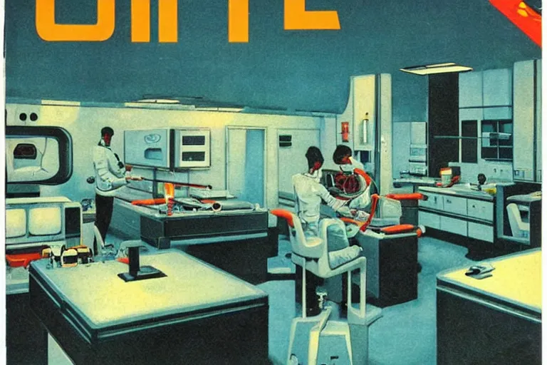 Image similar to 1979 OMNI Magazine Cover of a denture lab. in cyberpunk style by Vincent Di Fate