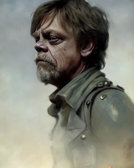 Prompt: mark hamill as a tired dystopian resistance fighter. dieselpunk steampunk art by greg rutkowski, gustave courbet, rosa bonheur, edward hopper. faithfully depicted facial expression, perfect anatomy, sharp focus, global illumination, radiant light, detailed and intricate environment, trending on artstation