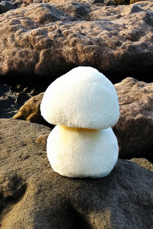 Image similar to fluffy anthropomorphic mushroom sitting on a rock in the ocean