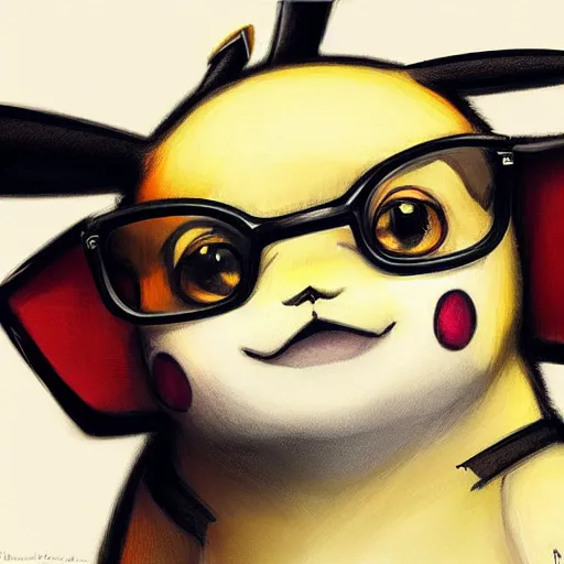 Prompt: Portrait of Pikachu wearing glasses by Mandy Jurgens