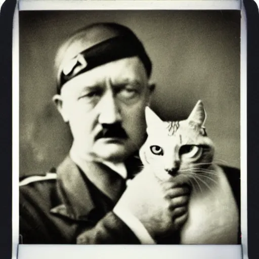 Image similar to polaroid of hitler holding a cat, dramatic backlighting