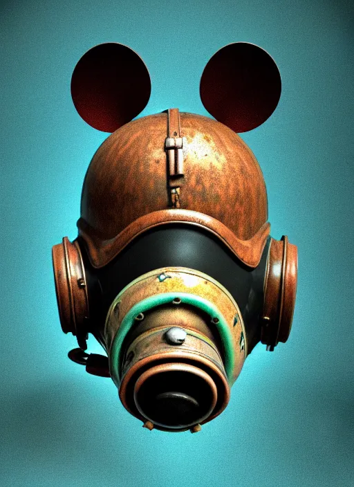 Image similar to 1 9 4 5 wartime mickey mouse head, gas mask, automotive, flower pop, porcelain, fractal, leathery, wet, broken, melting, rococo, mycelium, baroque, sumerian, radiant alien, magic kingdom, octane render, high detail