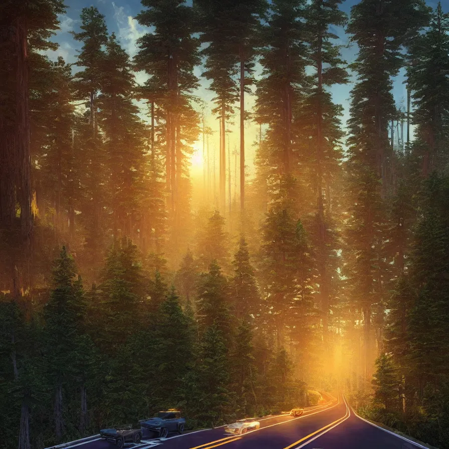 Prompt: intricate rendering of a highway road leading to the horizon through a thick pine forest down a rocky mountain coast, the sunset is a giant sun. atmospheric good vibes. colorful psychedelic, ultra realistic, concept art, modern art, photorealistic, octane render, 8 k, unreal engine. art by nori inoguchi and sam kaplan and zachary goulko and christopher marley