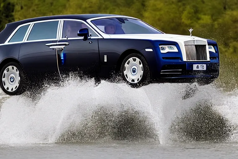 Image similar to Teenagers push Rolls-Royce into lake with their hands from a small slide wanting to drown him