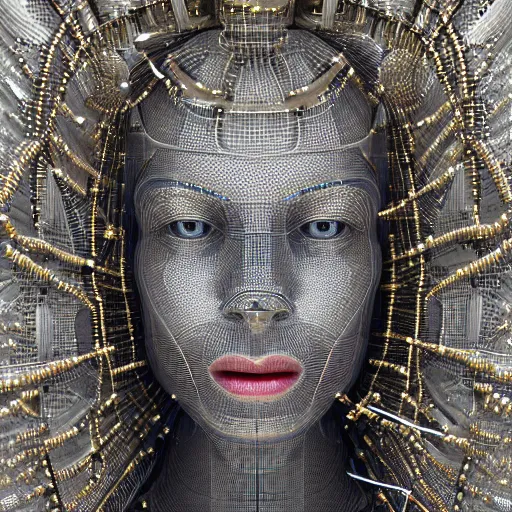 Prompt: highly detailed 3 d render of a cyborg head and face made from extreme numbers of tiny wires and beads, silver, gold, by russian artist igor goryunov, 8 k resolution, photo realistic symmetrical
