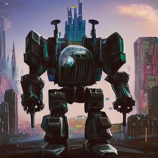 Prompt: giant mech wearing a knight helmet in a cyberpunk city